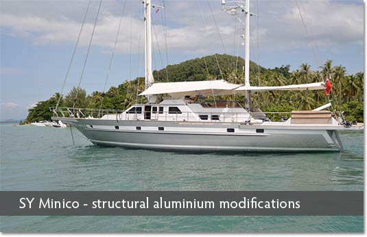 SY Minico: structural aluminium modifications yacht repair Phuket Thailand